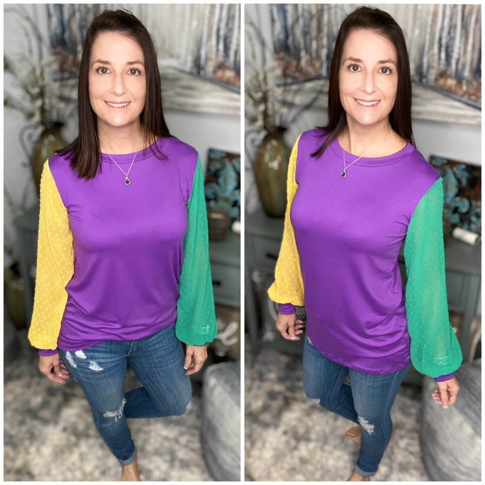 Mardi Gras Color Block Swiss Dot Balloon Sleeves Purple Green Gold 0724